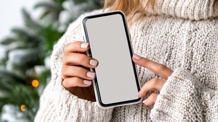 A hand holds a smartphone with a blank screen in a cozy setting, suggesting connection and simplicity, surrounded by a soft sweater. The atmosphere is warm and inviting.