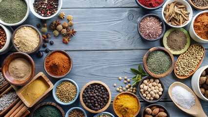 Various spices are arranged in small bowls on a textured wooden table, highlighting vibrant colors and diverse textures. The setting captures a warm, inviting atmosphere for cooking