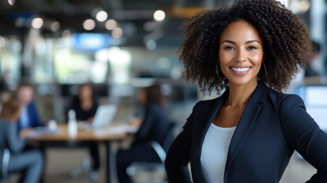 A confident businesswoman with natural hair in a blazer stands smiling in a busy, vibrant office environment, with other professionals working behind her.