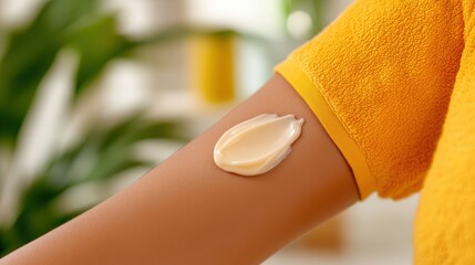 A close-up image of a person's arm with a dab of cream on the skin, against a background of greenery, showcasing skincare and body care concepts.