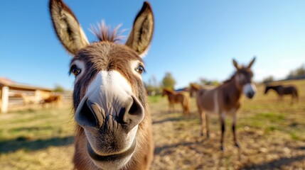 The image captures the wide-eyed expression of a donkey looking directly at the camera, with other donkeys scattered in a sunny, rural pasture setting.