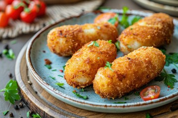 Breaded potato croquettes garnished with parsley and cherry tomatoes, served on a blue plate