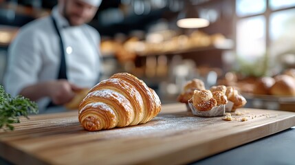 A chef meticulously prepares fresh pastries on a wooden board in a sunlit kitchen, capturing a moment of skill and culinary craftsmanship in action.