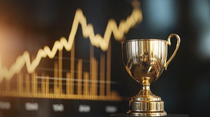 A golden trophy with a sales chart soaring upwards, success, achievement, award, sales performance