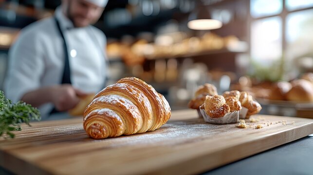 A chef meticulously prepares fresh pastries on a wooden board in a sunlit kitchen, capturing a moment of skill and culinary craftsmanship in action.