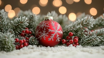 Festive Red Christmas Ornament Surrounded by Snowy Pine and Berries