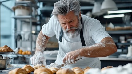 A gray-haired baker meticulously decorates baked goods, embodying the dedication and artistry of baking in a well-equipped, softly lit kitchen environment.