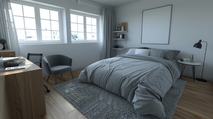 Minimalist bedroom design  grey bed, desk, and sofa chair with natural light and soft lighting