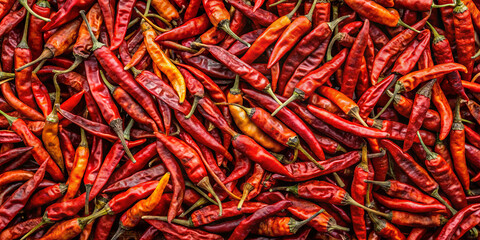 Fototapeta premium A large collection of bright red chili peppers lies on a wooden surface, highlighting their vibrant hues and varying shapes. This arrangement emphasizes the freshness and abundance of the harvest