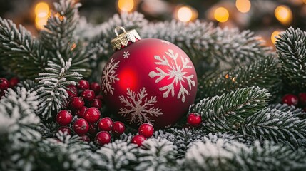 Festive Red Ornament Surrounded by Frosty Greenery and Berries