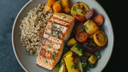 Overhead shot of a balanced meal: grilled salmon, roasted vegetables, brown rice, healthy eating