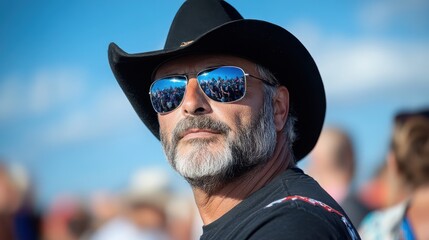 A man wearing a black hat and reflective sunglasses exudes confidence against a clear blue sky, suggesting a lively event outdoors filled with excitement.