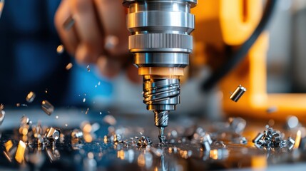 This artistic capture depicts a drill machine at work, scattering metal shards dynamically, emphasizing the harmony between technology and industrial artistry.