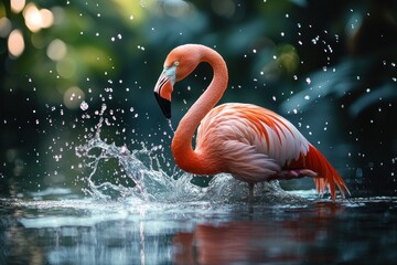 Fototapeta premium A pink flamingo stands in a shallow body of water with water splashing around it. The flamingo's reflection is visible in the water.