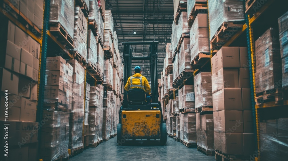 Poster Forklift Operator Navigating Aisle in Warehouse Filled with Pallets of Boxes
