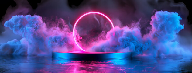 Obraz premium Abstract neon light podium with round linear neon frame. Circle stage with smoke and reflection on rough concrete wet floor