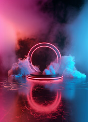 Abstract neon light podium with round linear neon frame. Circle stage with smoke and reflection on rough concrete wet floor
