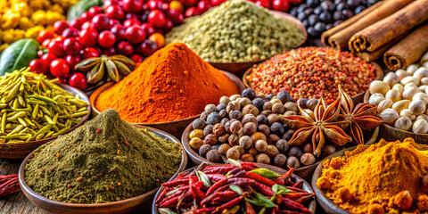 Fototapeta premium Vibrant spices in various colors and textures are arranged in bowls at a bustling market. The display showcases herbs, chilies, and aromatic ingredients, highlighting culinary diversity