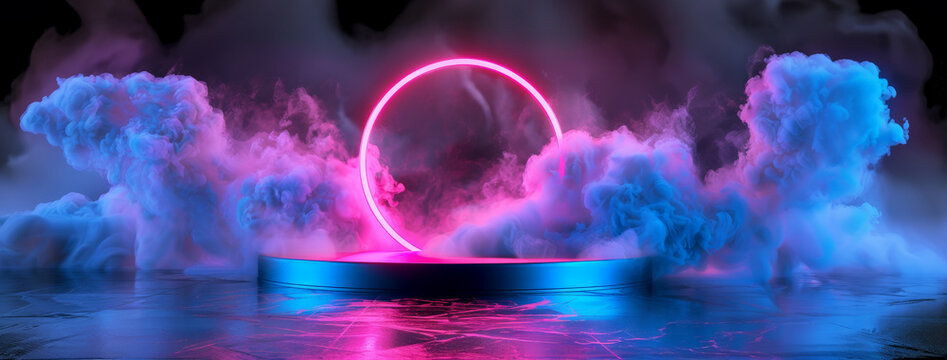 Abstract neon light podium with round linear neon frame. Circle stage with smoke and reflection on rough concrete wet floor