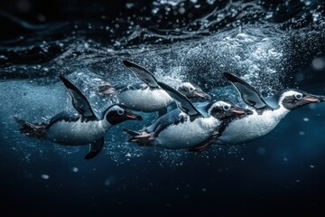 Naklejka premium A group of penguins swim underwater in a dark blue sea. They are swimming in a line, with their heads above the water. There are air bubbles coming up from the water.