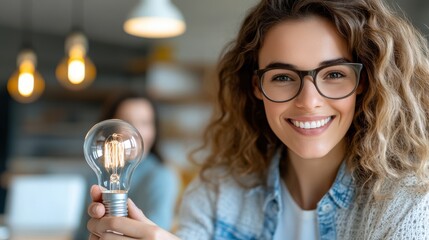 A young woman with curly hair wearing glasses is smiling while holding a light bulb in a cozy cafe, with a softly blurred background and warm lighting.