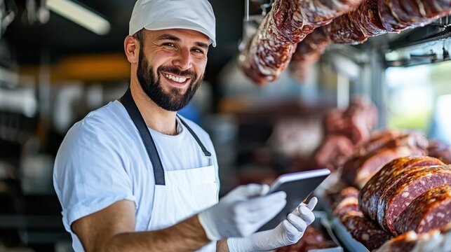 A friendly butcher smiles confidently while using a tablet in his shop, surrounded by various cured meats hanging around him, indicating a modern approach.