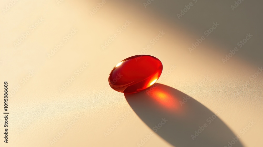 Aufkleber a single red capsule resting on a smooth surface, illuminated by soft light.