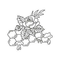 Honeycomb with fluid honey and roses arrangements. Floral rustic hand drawn doodle illustration