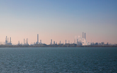 Naklejka premium Landscape with the Petromidia refinery in Romania. It is the largest refinery in the country