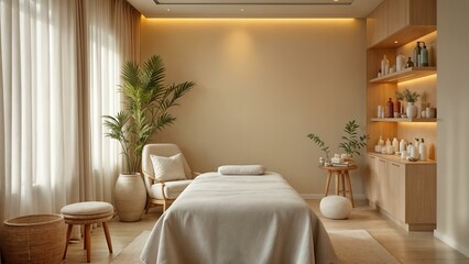 An empty spa massage room with a massage table, chair, and shelf of beauty products. Soft, warm lighting, soothing walls, and a window with light curtains create a relaxing atmosphere.