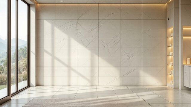 An empty spa wall with a modern design, featuring light-colored marble or ceramic tile. Soft natural lighting from a large window overlooking a serene landscape.
