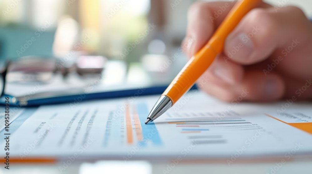 Poster a close-up of a hand holding a pen while analyzing a financial report, with colorful graphs and numb