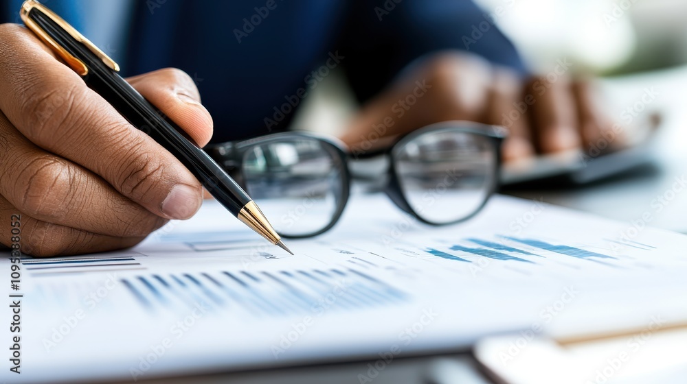 Poster a hand is captured while writing on a document filled with graphs and charts, accompanied by eyeglas