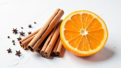 On a white background lie an orange, cinnamon sticks, star anise and cloves