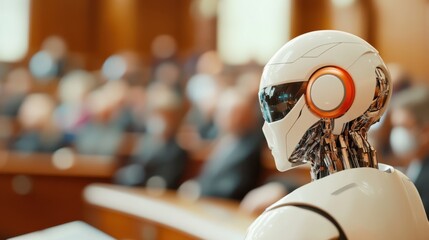 A futuristic robot with a sci-fi design observes a debate scenario in a courtroom, symbolizing analytical prowess and its potential role in decision-making processes.