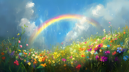 Naklejka premium A vibrant rainbow arches over a lush, green meadow filled with colorful flowers. light rain falls from a bright blue sky. Illuminated Rainbow Arch. Illustration