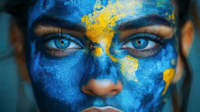 Artistic close-up portrait of a model with blue and yellow painted patterns resembling a world map, showcasing creativity and expression