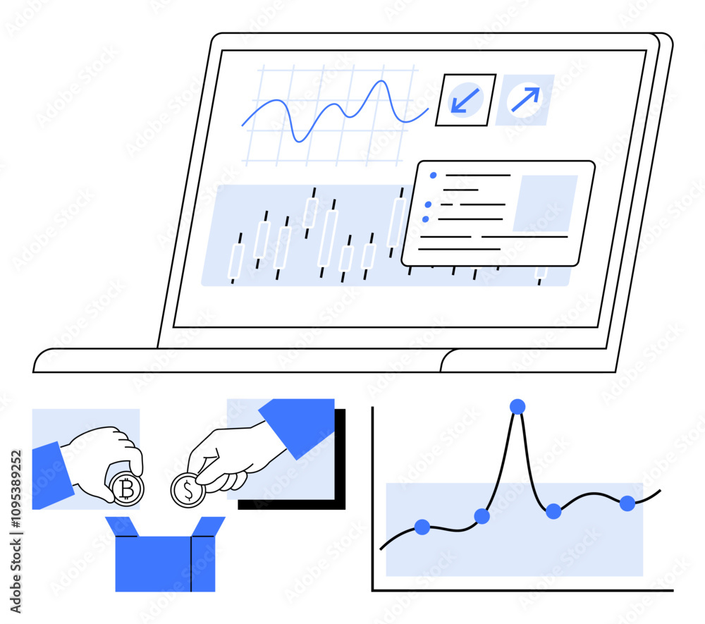 Poster laptop screen with financial graphs arrows hands exchanging coins and a line chart. ideal for financ