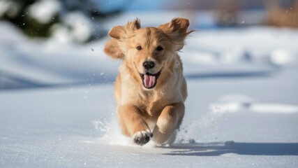 Fototapeta premium Joyful Run: A Golden Retriever puppy radiates pure joy as it bounds through the snow, its playful expression captured in a dynamic shot.