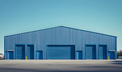 Fototapeta premium A large blue metal building with multiple doors stands on a paved lot against a clear blue sky