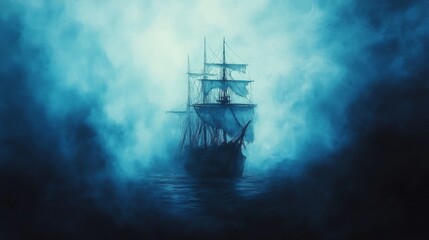 Fototapeta premium Ghost Ship Sailing Through Misty Ocean Waters