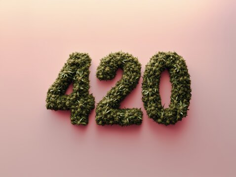 Bold 420 Typography Made from Dense Green Cannabis Buds on a Soft Pink Gradient Background