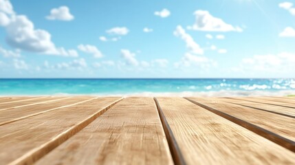Fototapeta premium A wooden deck overlooks a bright, clear blue ocean under a sky dotted with fluffy white clouds, creating a peaceful and refreshing natural setting.