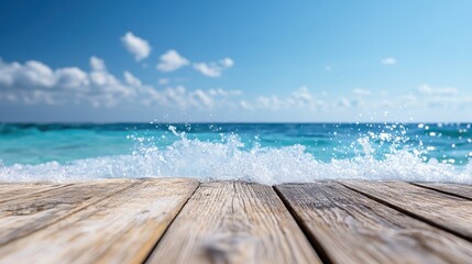 Fototapeta premium A dramatic scene showing a splash of ocean waves against an old wooden dock, juxtaposing the movement of water with the static, textured planks below.