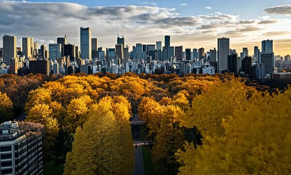 Aerial View of Urban Skyline Overlooking Vibrant Autumn Foliage with Mixed Modern Architecture and Cloudy Sky at Dusk in a Bustling Metropolitan Area