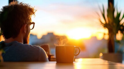 A solitary man enjoys a steaming cup of coffee as he gazes thoughtfully at a beautiful sunrise, symbolizing introspection, peace, and the start of a new day.