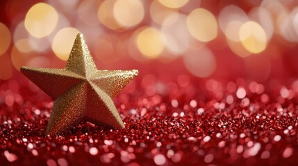 Sparkling Golden Star on a Red Glitter Background for Festive Celebrations