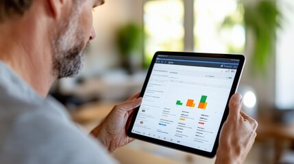 A man is utilizing a digital tablet to assess graphical data representations in a well-lit, modern office environment, focusing on productivity and technology.