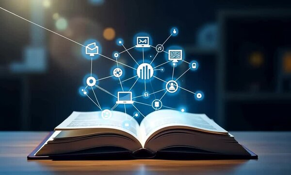 A digital book icon displayed on a computer screen with other education and technology icons, set against a blue background.	