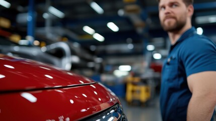 A focused auto mechanic in a workshop stands near a red car hood, showcasing his dedication and precision, representing the automotive repair industry.